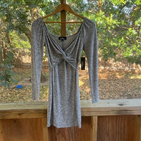 Lulus Heathered Grey Knotted Front Long Sleeve Dress Size S. NEW - Picture 5 of 10